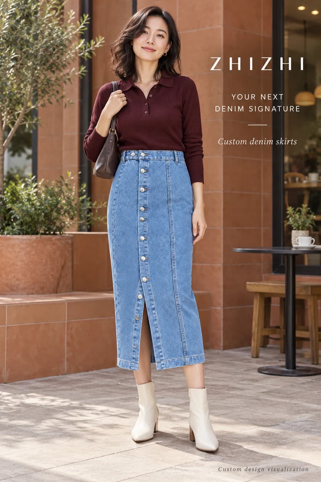 Custom womens blue button-front midi denim skirt concept — street-front — original design concept
