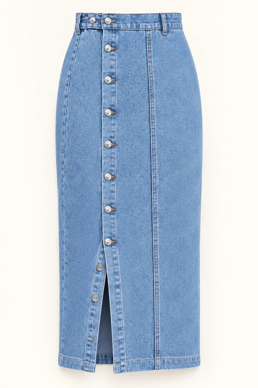 Custom Womens Medium Wash Button-Front Denim Pencil Midi Skirt — front — custom design visualization
