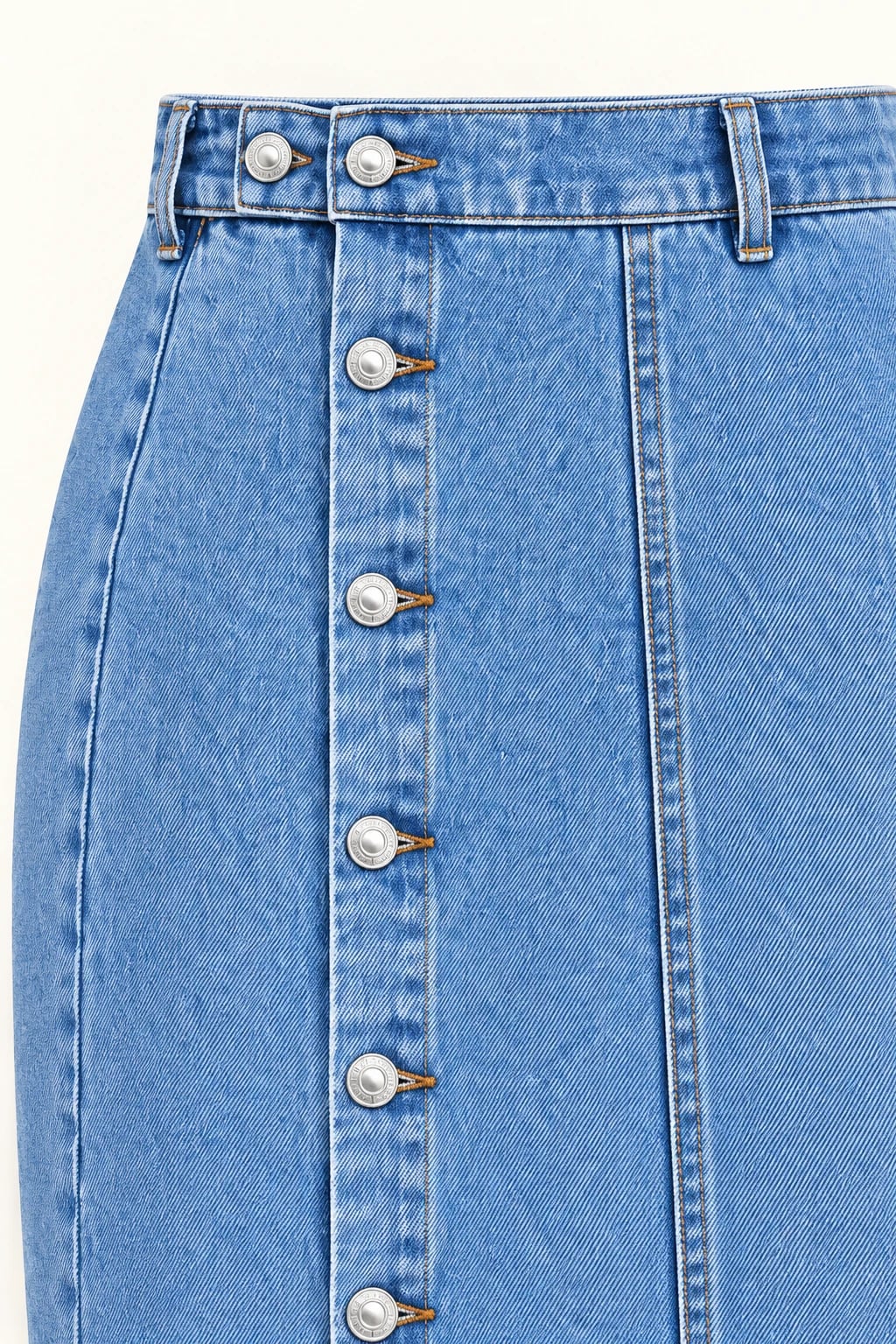 Custom Womens Medium Wash Button-Front Denim Pencil Midi Skirt — detail — custom design visualization