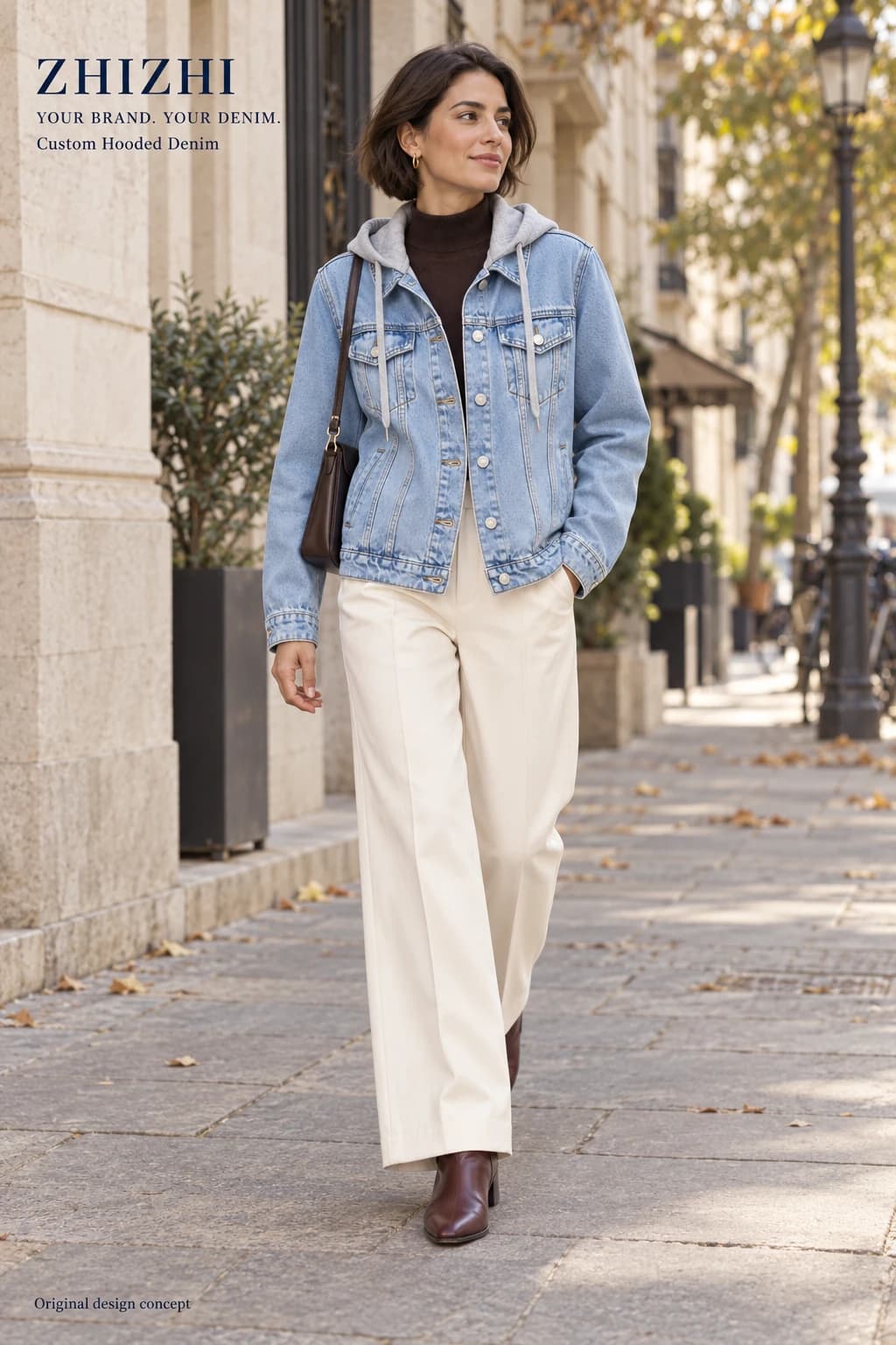 Custom womens light blue grey hood denim jacket concept — street-front — original design concept