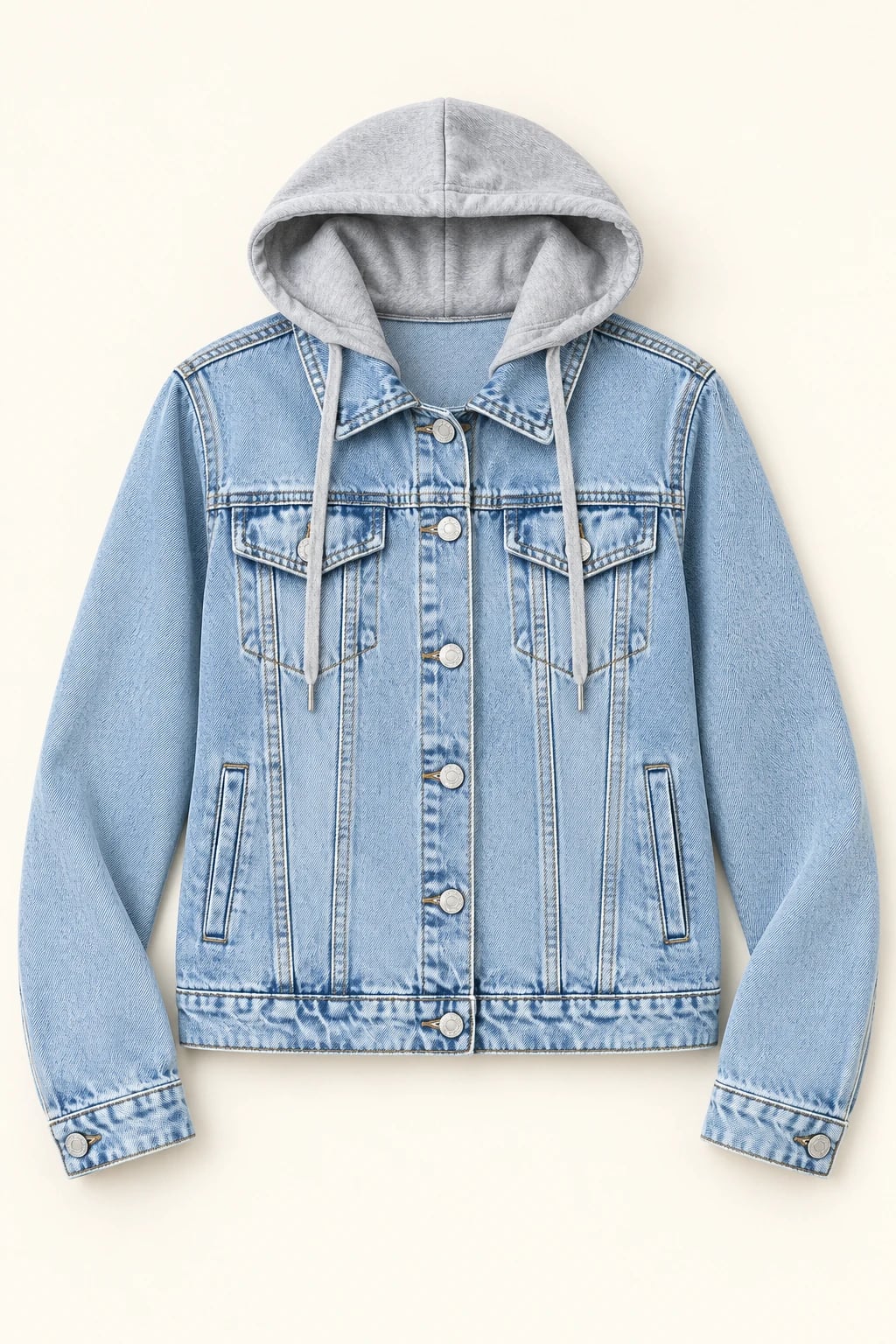 Custom Women's Light Blue Denim Jacket with Grey Hood — front — custom design visualization