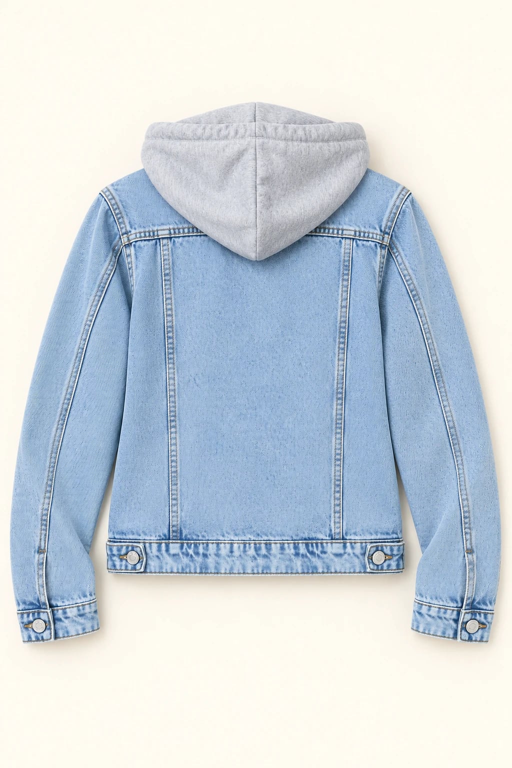 Custom Women's Light Blue Denim Jacket with Grey Hood — back — custom design visualization