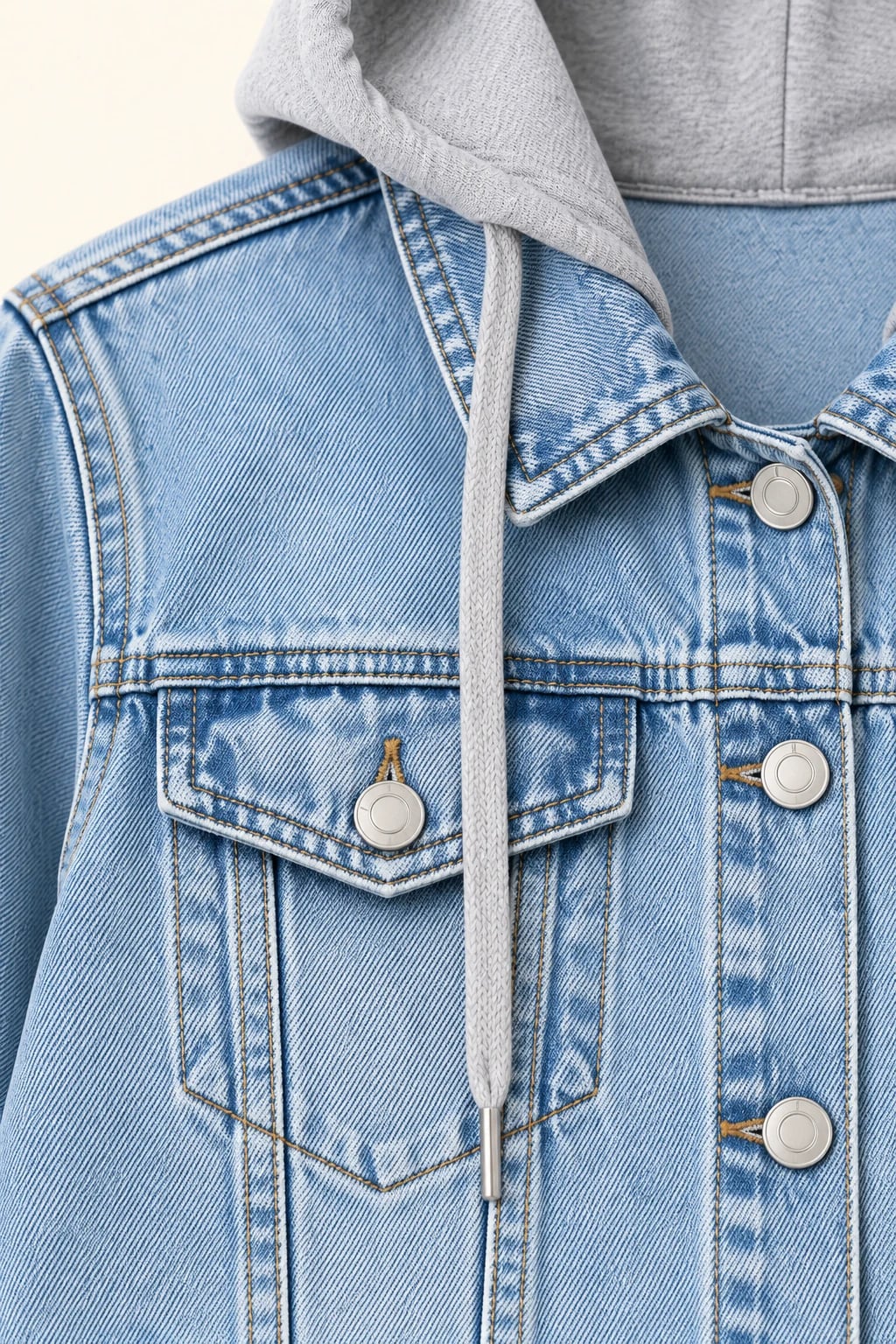 Custom Women's Light Blue Denim Jacket with Grey Hood — detail — custom design visualization