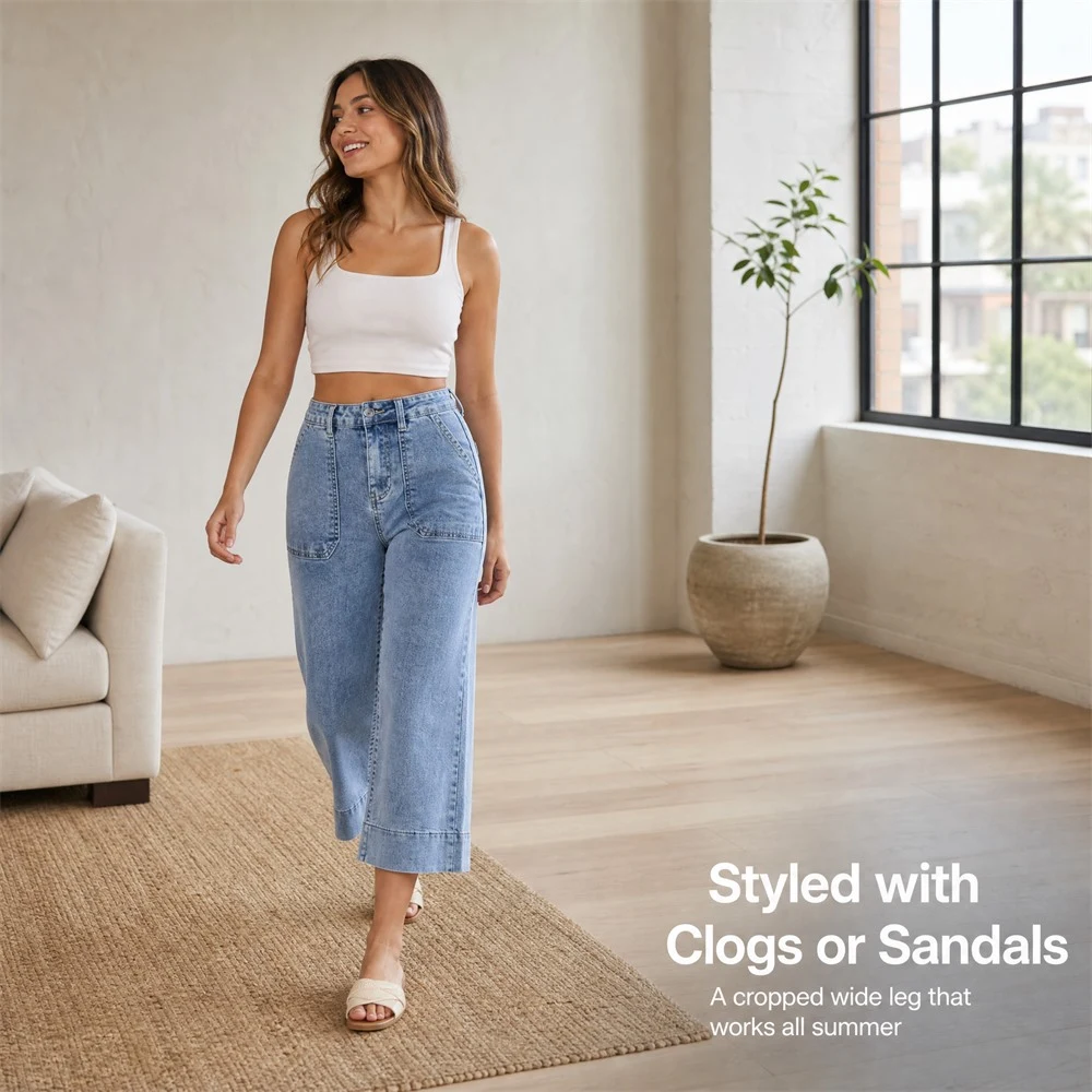Wide Leg High Waist Textured Jeans for Women — product detail 2