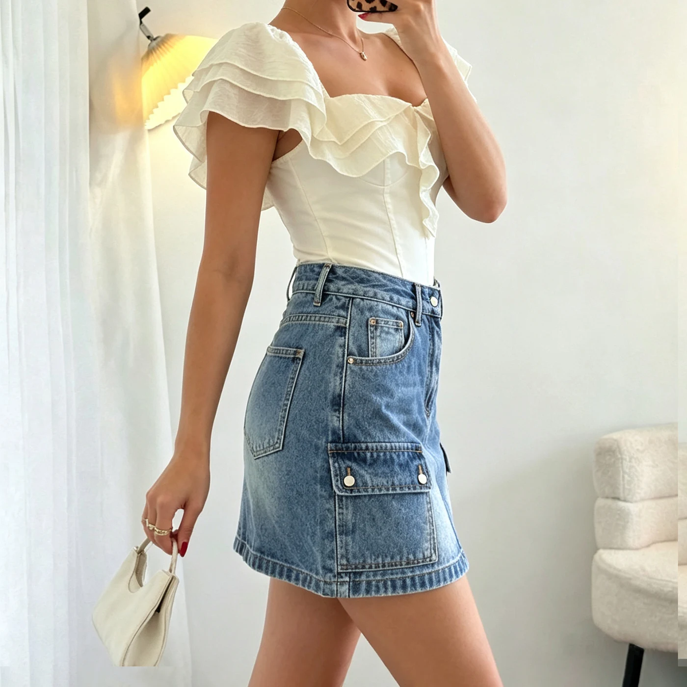Women's Non-Stretch Denim Cargo Mini Skirt High Waist Washed Multi-Pocket — product detail 1