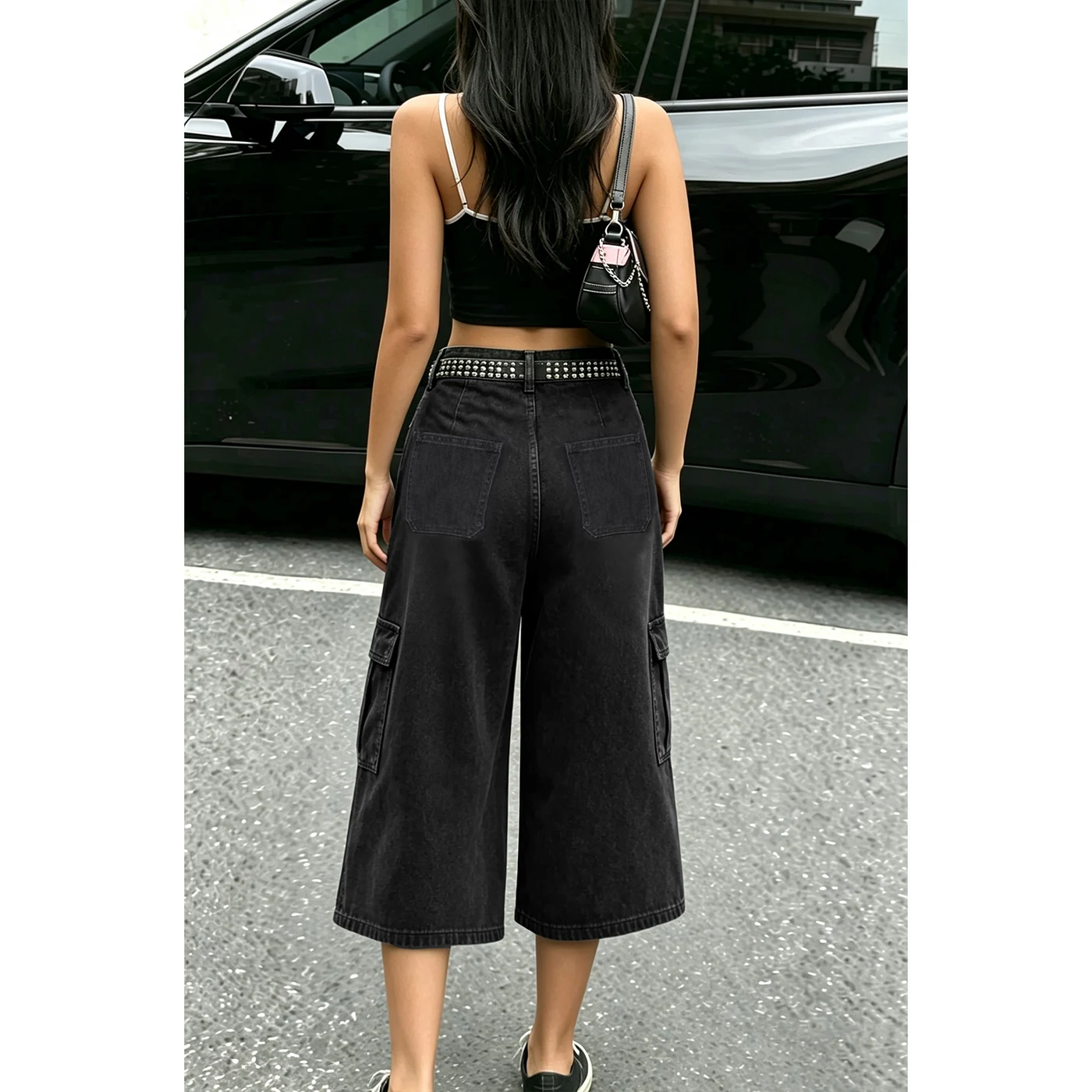 Women's Non-Stretch Cargo Jeans High Waist Textured Denim Pants — product detail 2