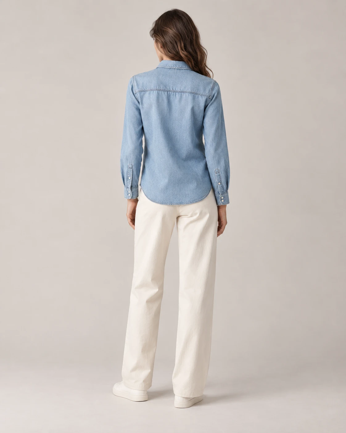 Women's Twin-Pocket Denim Shirt — Model back — AI design visualization
