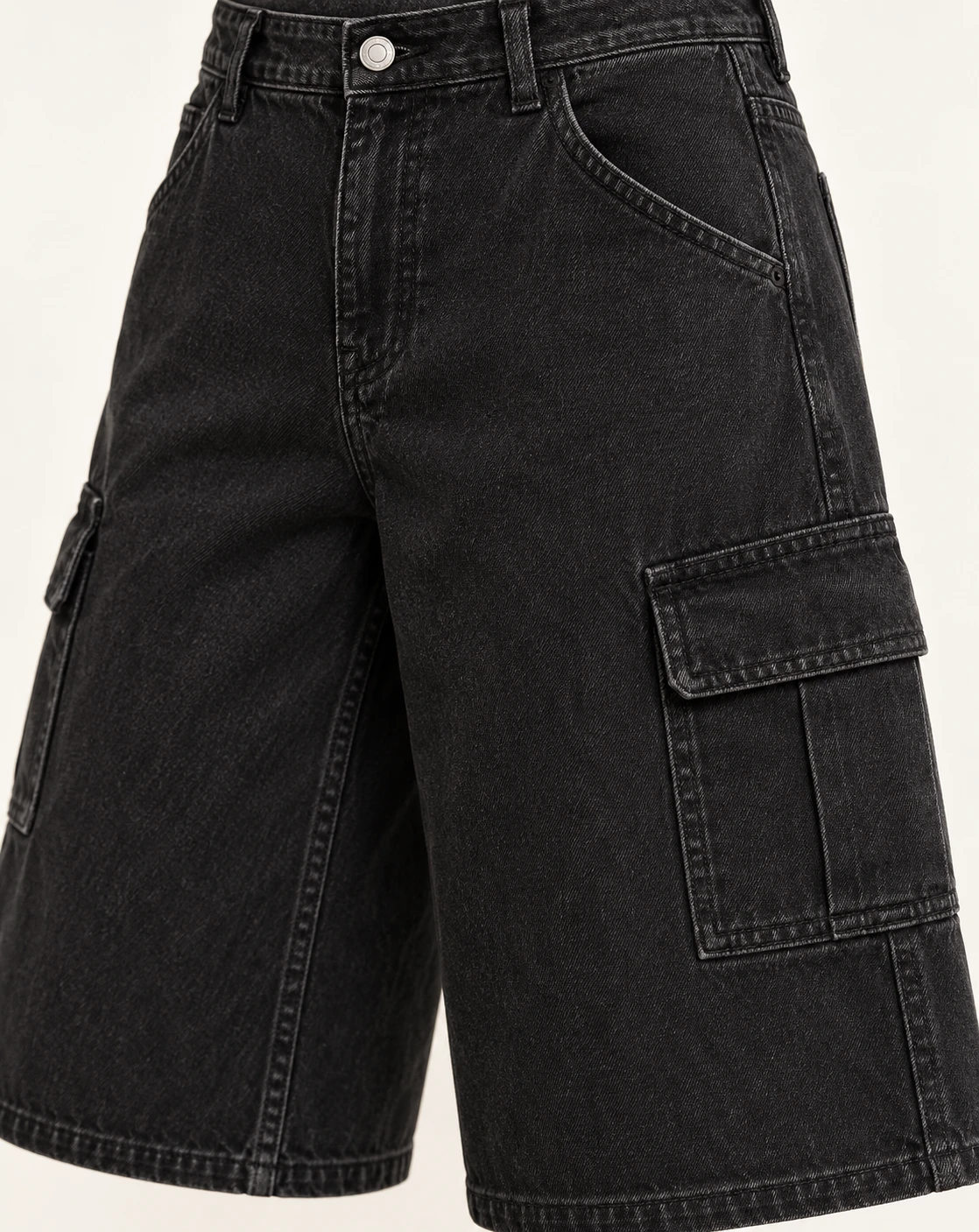 Women's Black Cargo Bermuda Shorts — Construction detail — AI design visualization