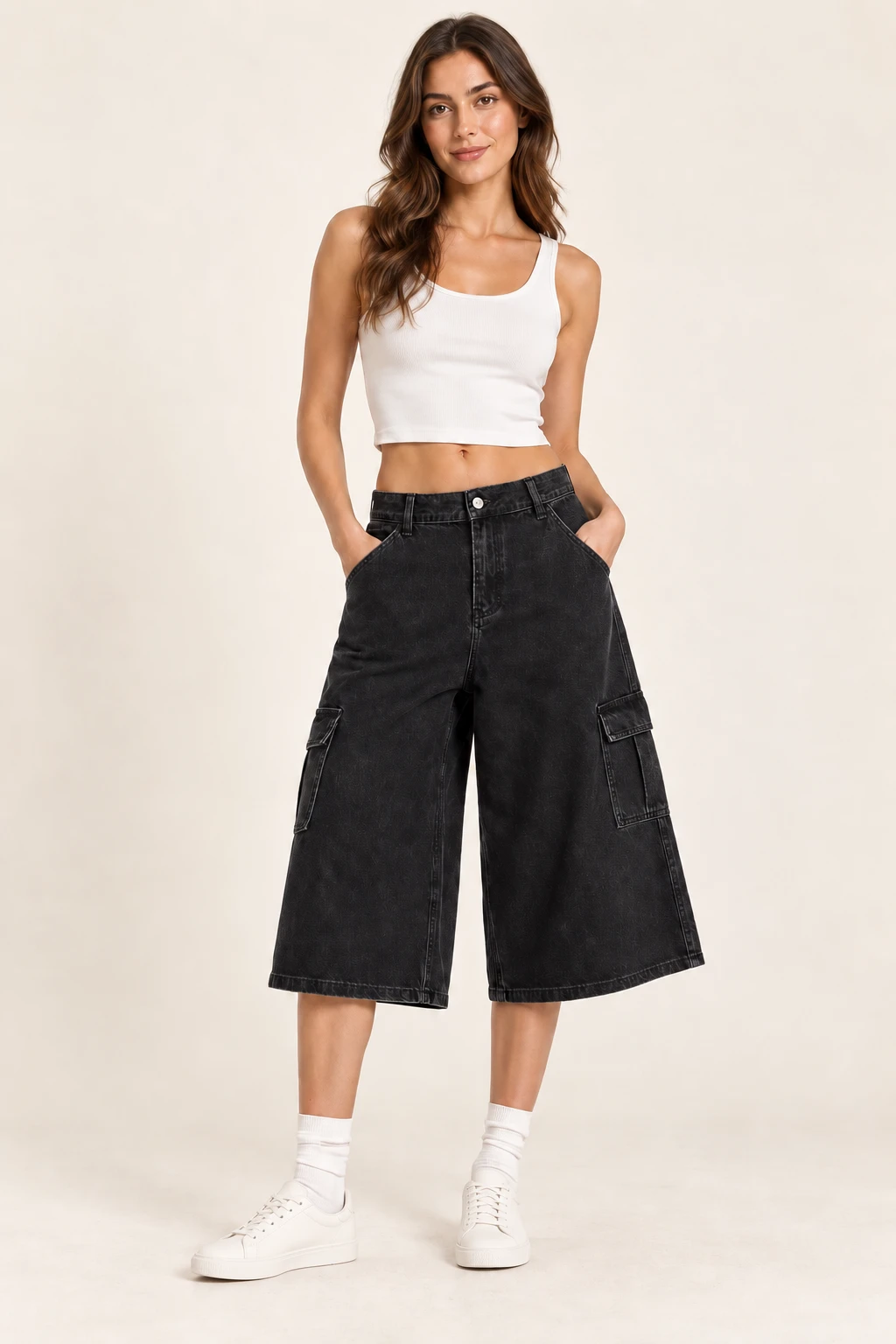 Women's Black Cargo Bermuda Shorts — Model front — AI design visualization