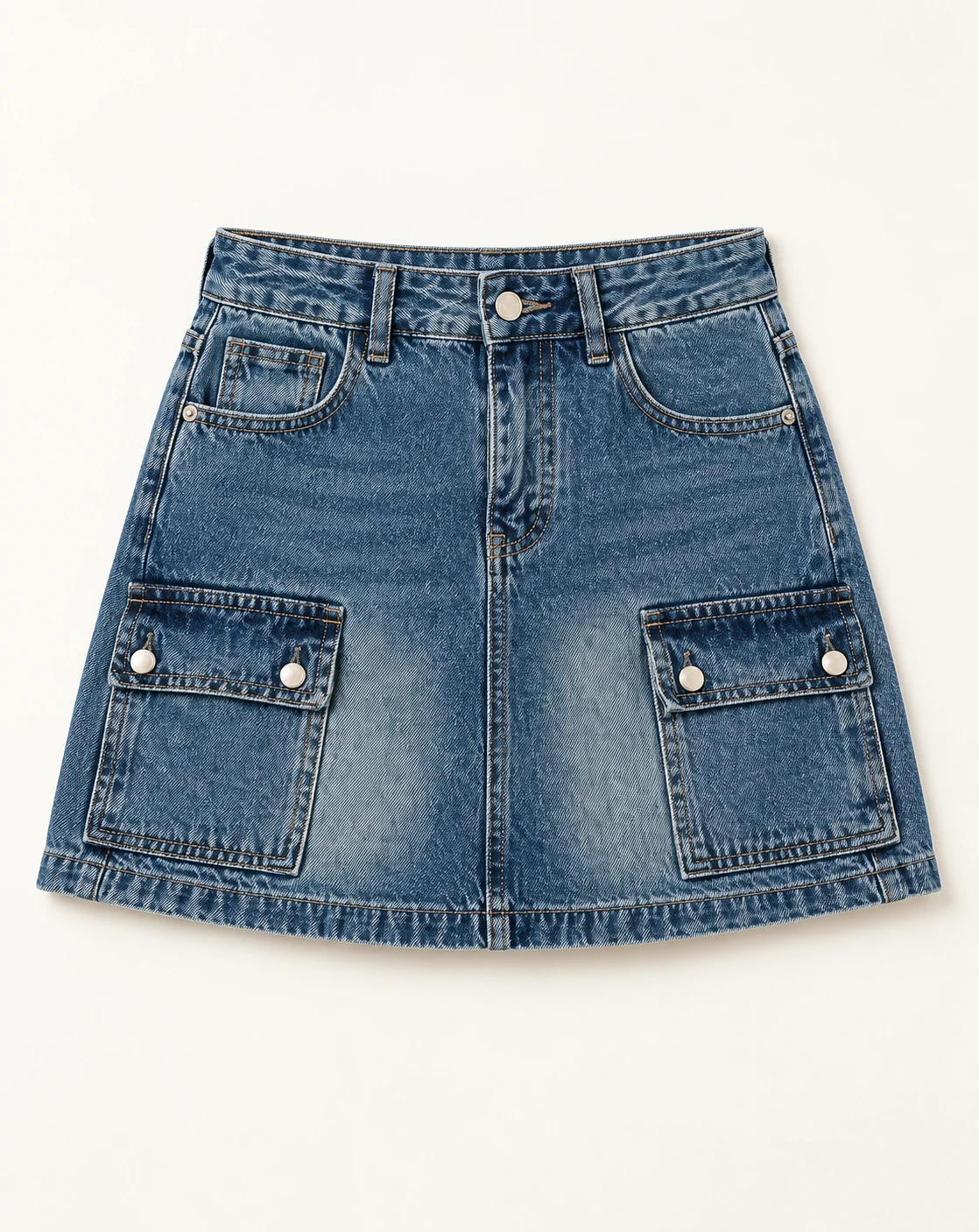 Women's Pocket Denim Mini Skirt — Flat front — AI design visualization