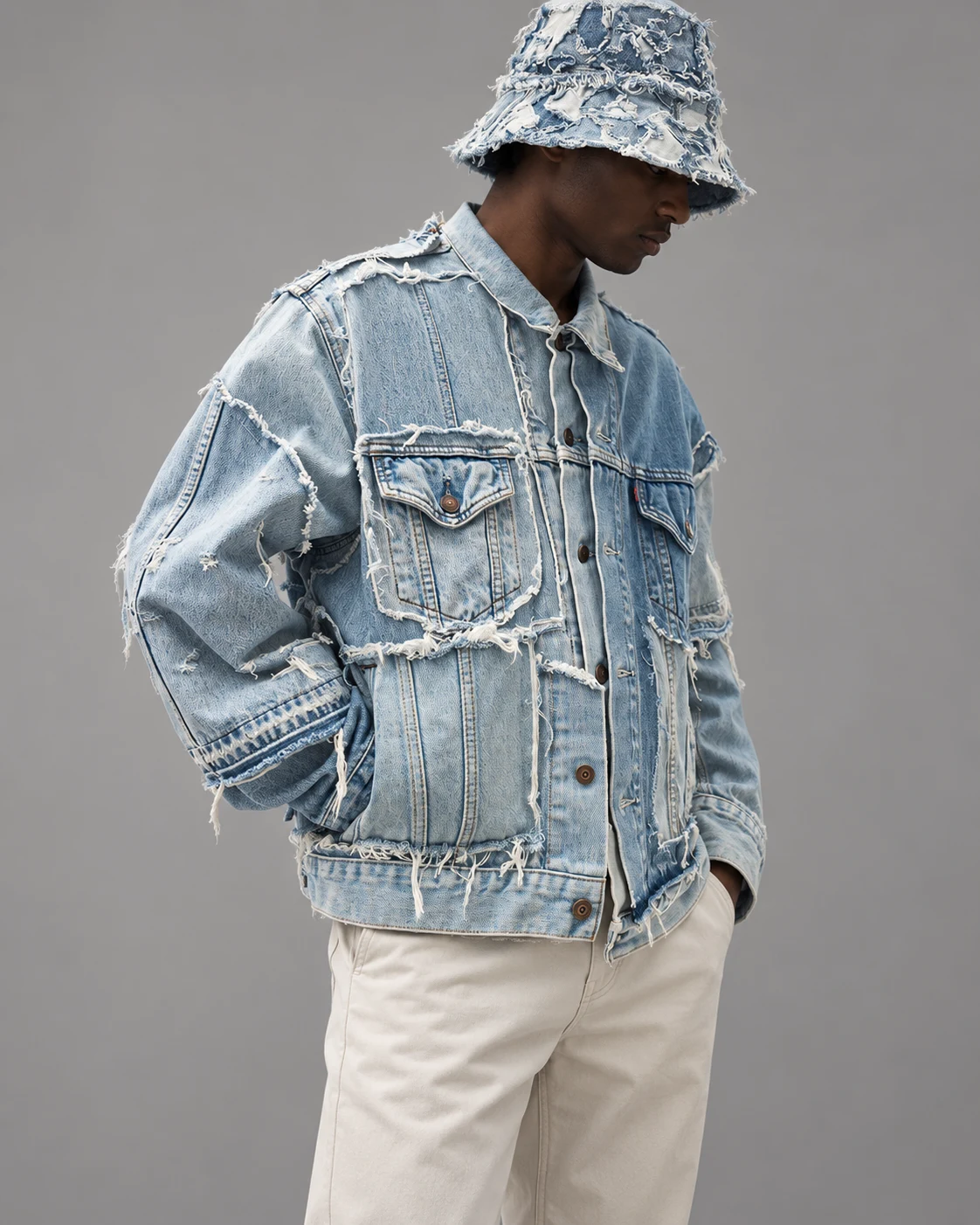 Light Blue Frayed Panel Denim Jacket — AI design reference 3