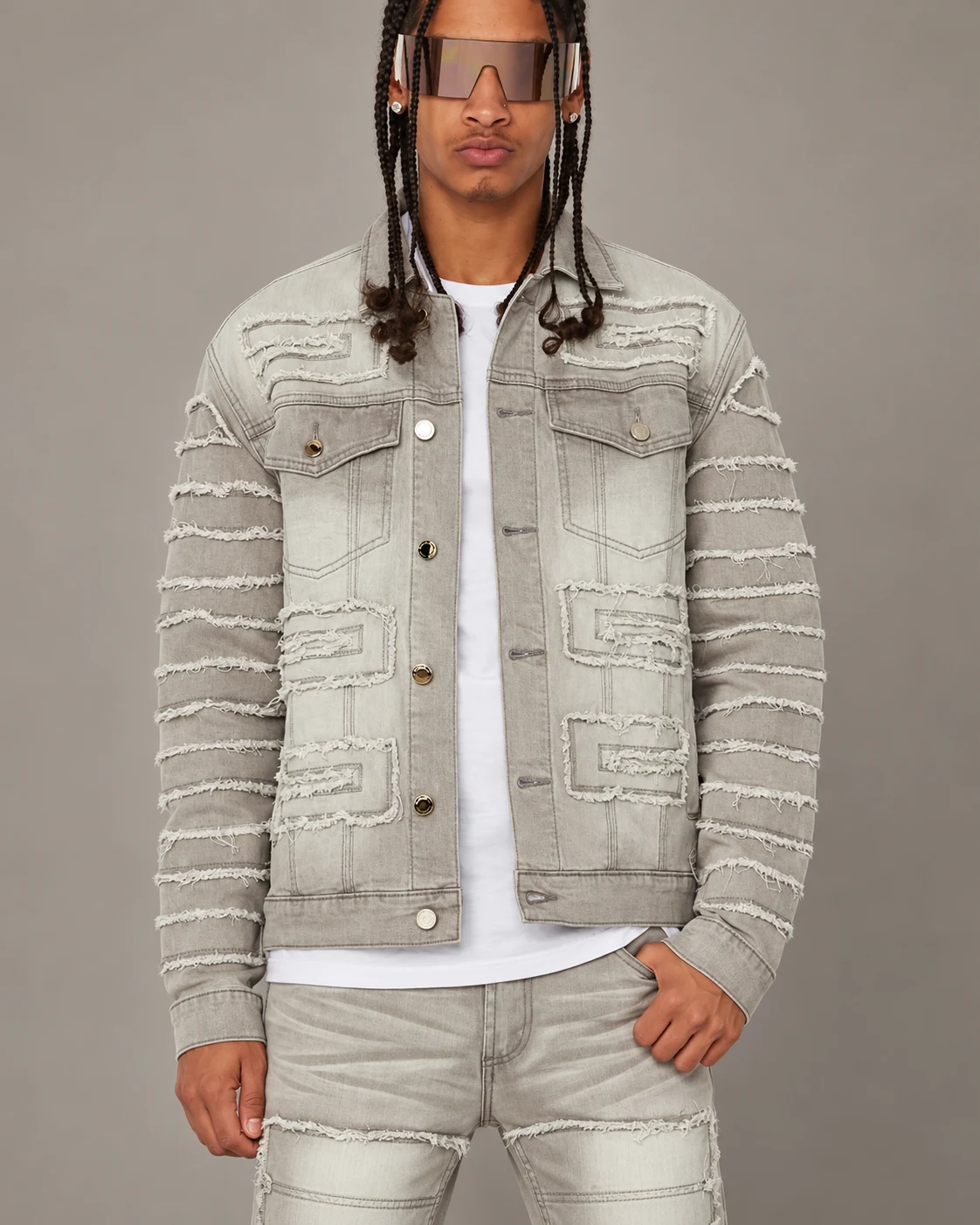 Sand Grey Geometric Frayed Denim Jacket — AI design reference 2