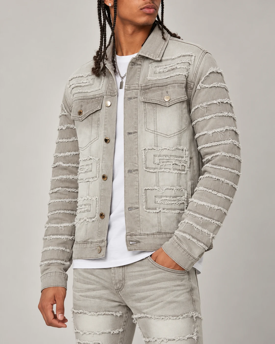 Sand Grey Geometric Frayed Denim Jacket — AI design reference 3