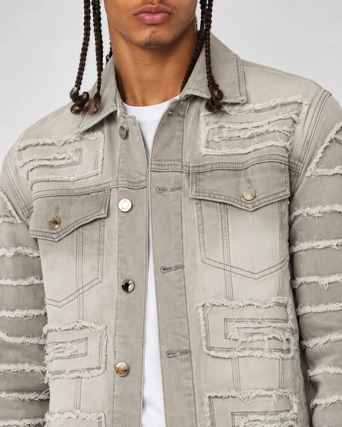 Sand Grey Geometric Frayed Denim Jacket — AI design reference 4