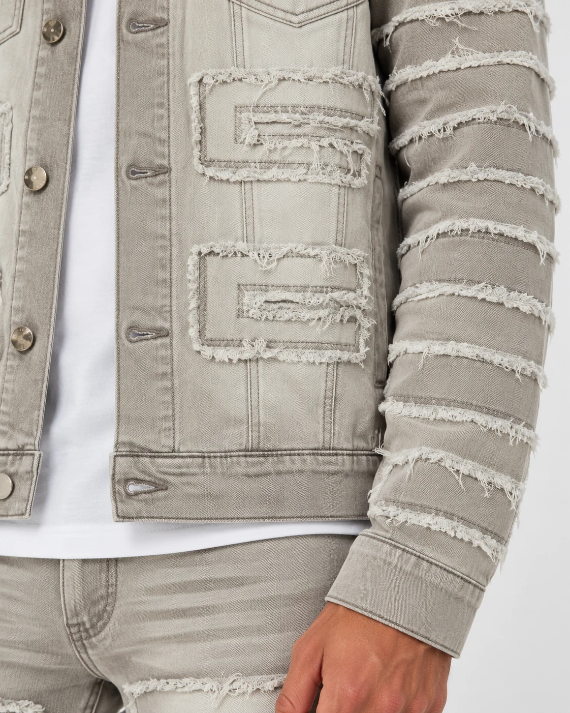 Sand Grey Geometric Frayed Denim Jacket — AI design reference 5