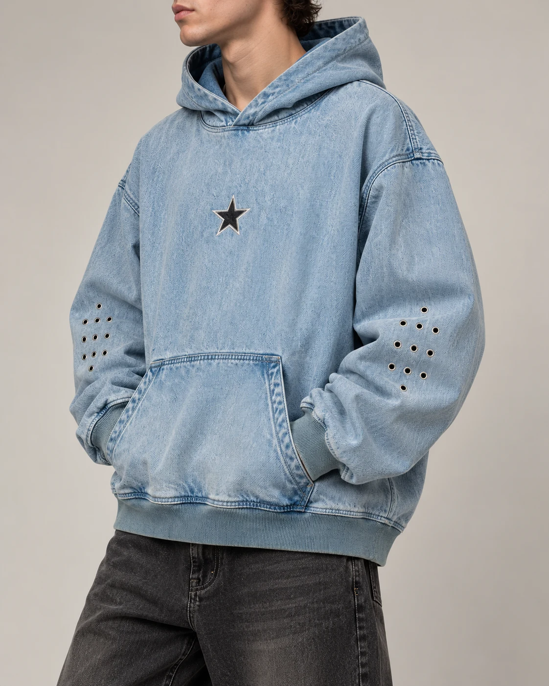 Light Blue Star Detail Denim Hoodie — AI design reference 3