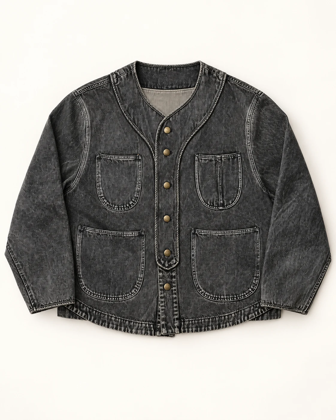 Charcoal Collarless Four-Pocket Denim Jacket — AI design reference 1