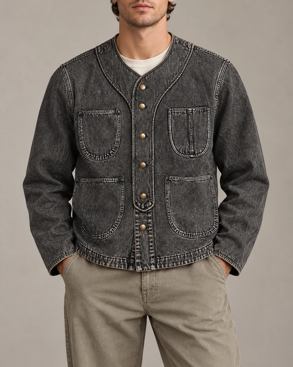 Charcoal Collarless Four-Pocket Denim Jacket — AI design reference 2