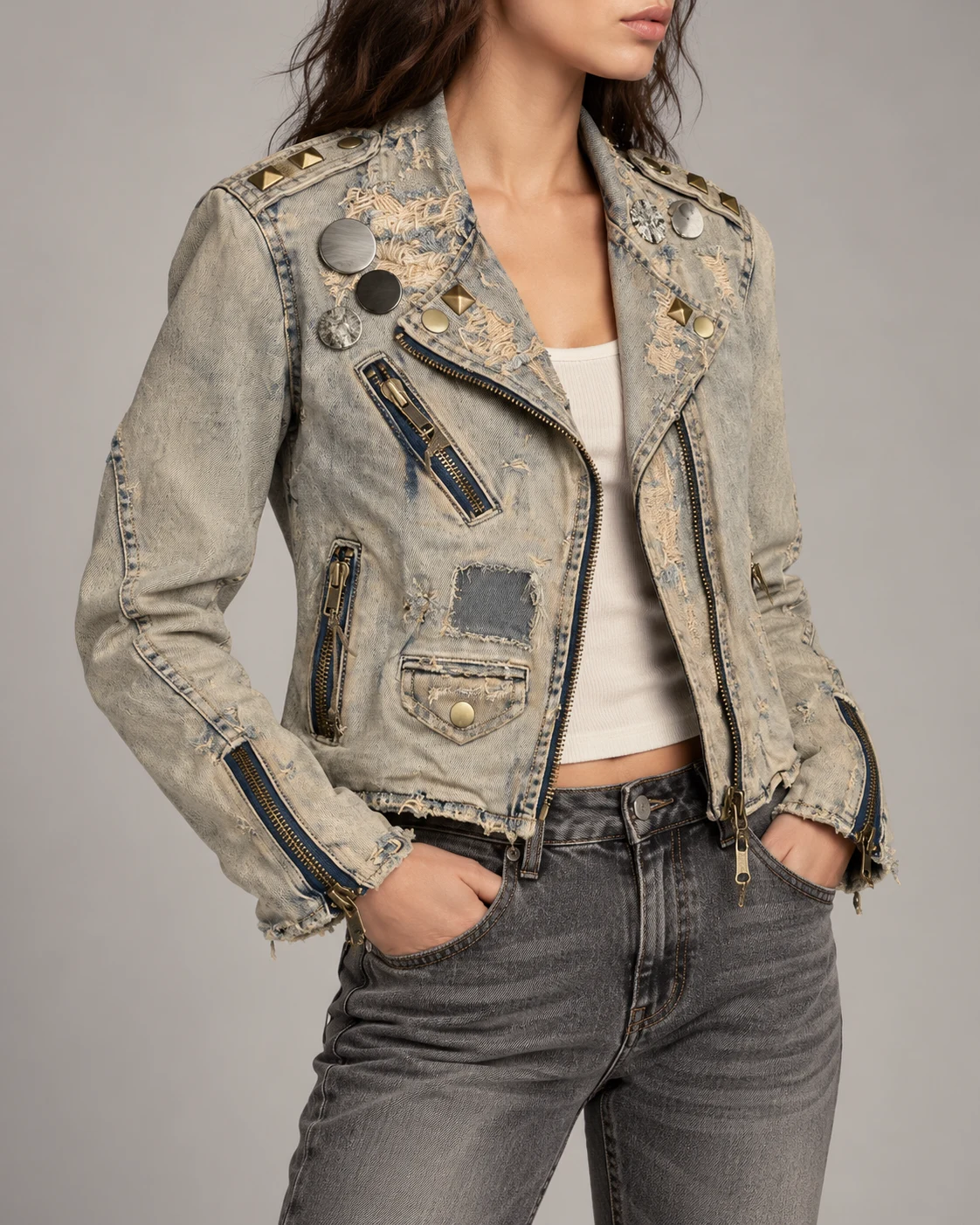 Sand Grey Studded Denim Biker Jacket — AI design reference 3