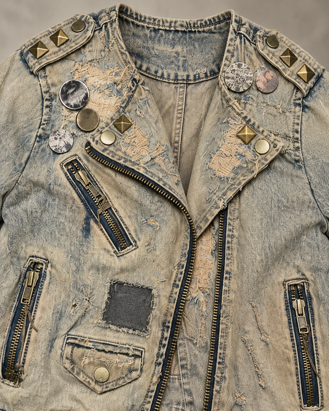 Sand Grey Studded Denim Biker Jacket — AI design reference 4