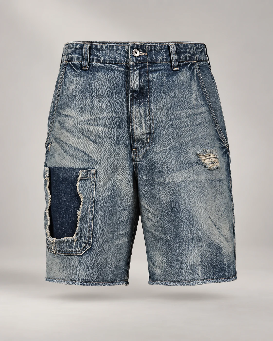 Vintage Blue Repair Patch Shorts — AI design reference 1