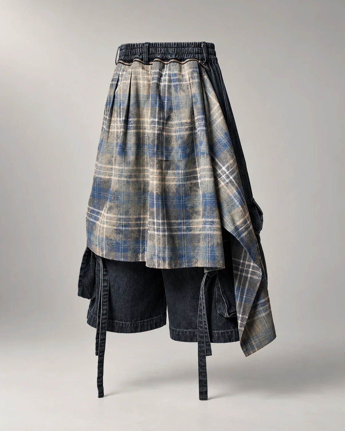 Deconstructed Plaid Panel Denim Shorts — AI design reference 2