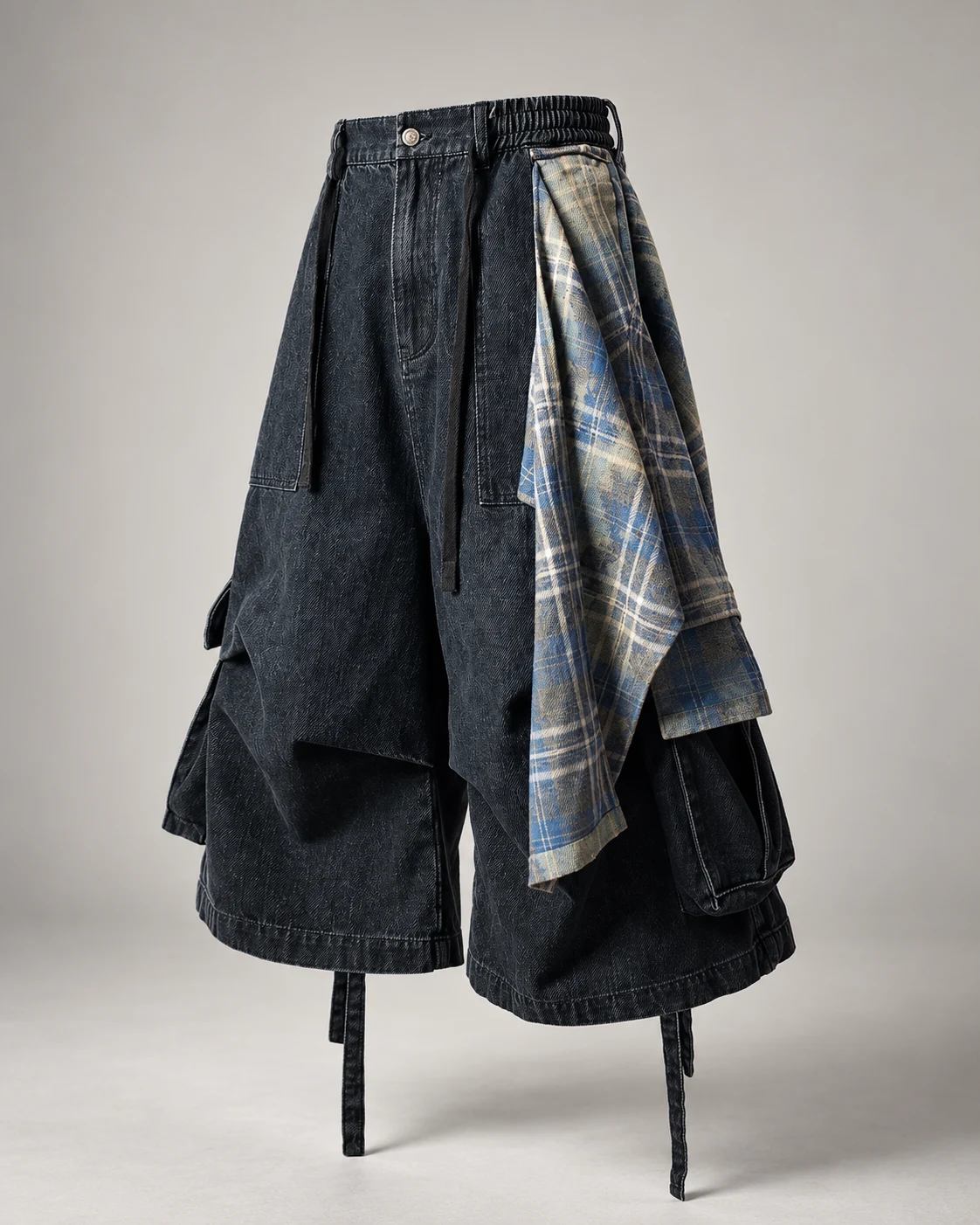 Deconstructed Plaid Panel Denim Shorts — AI design reference 3