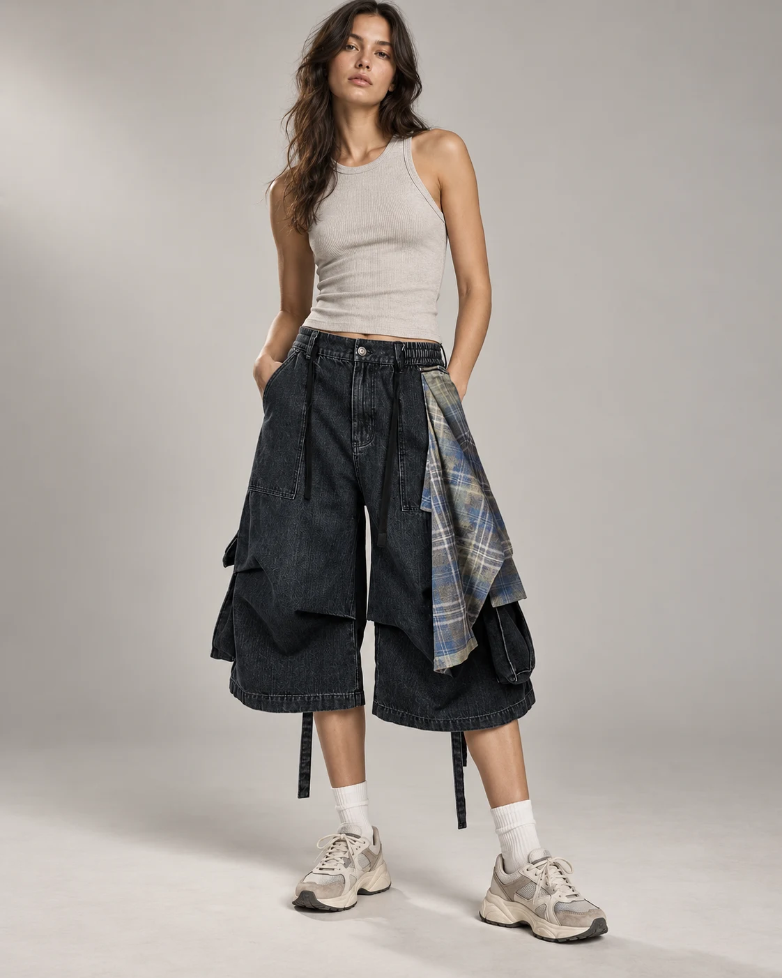 Deconstructed Plaid Panel Denim Shorts — AI design reference 4