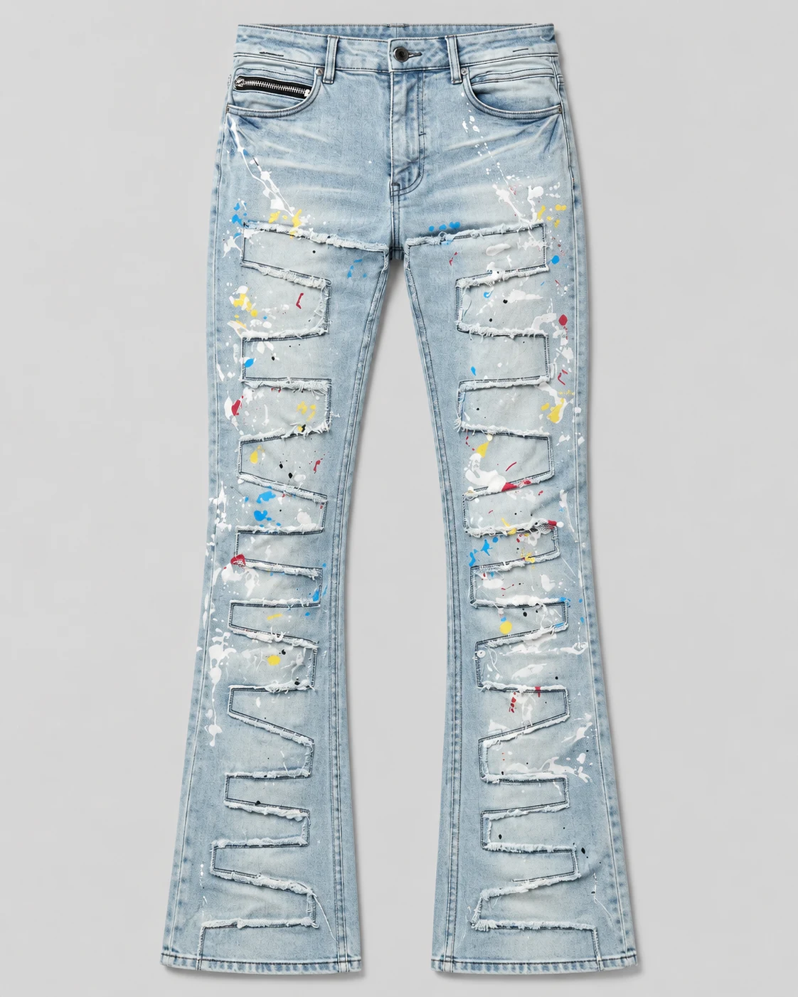 Light Wash Painted Geometric Panel Flared Jeans — AI design reference 1