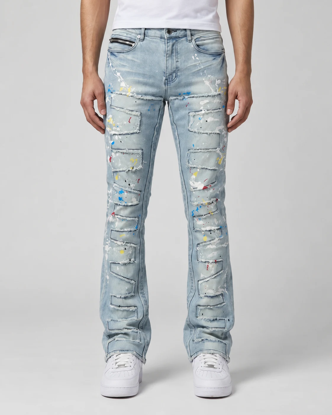 Light Wash Painted Geometric Panel Flared Jeans — AI design reference 2