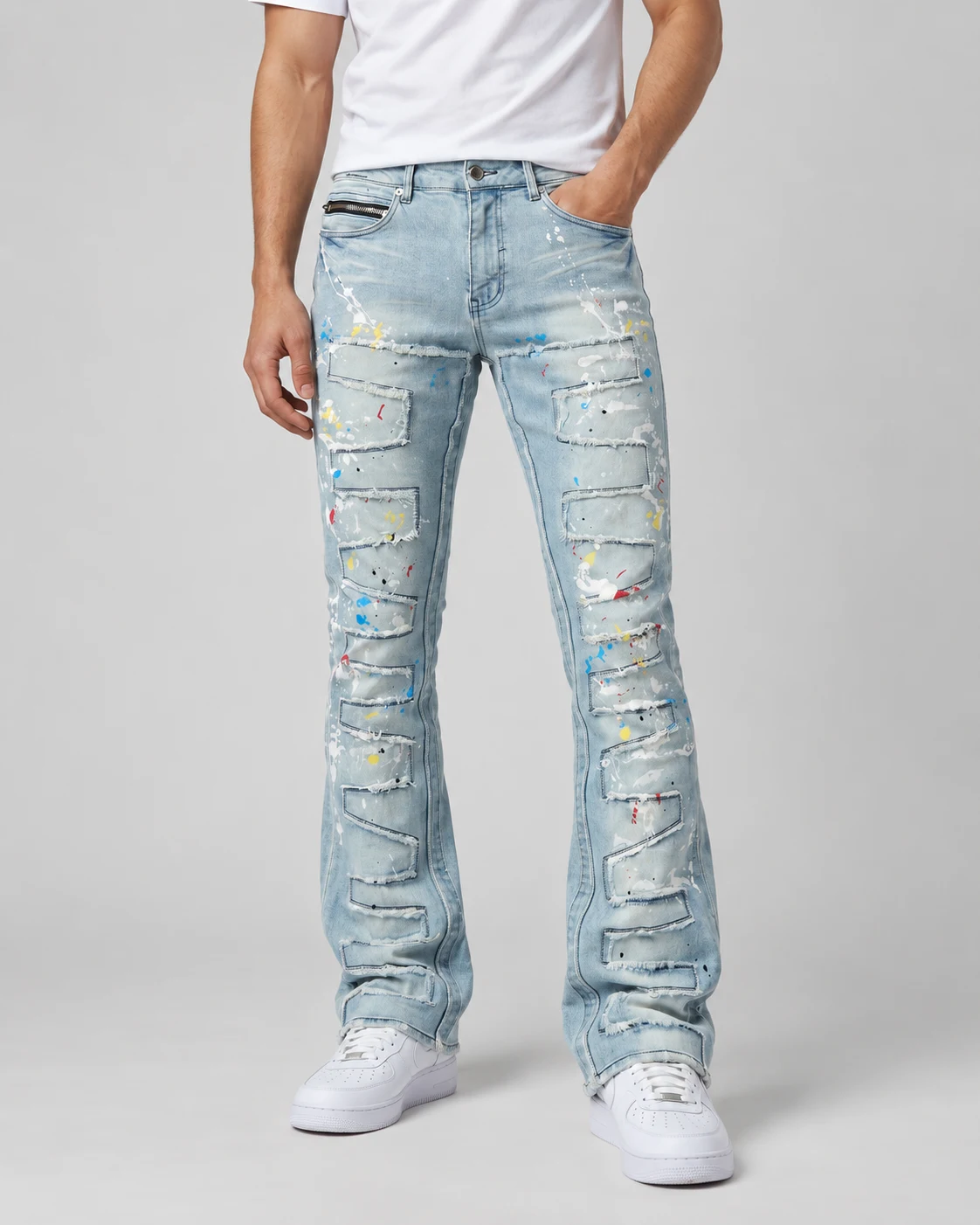 Light Wash Painted Geometric Panel Flared Jeans — AI design reference 3