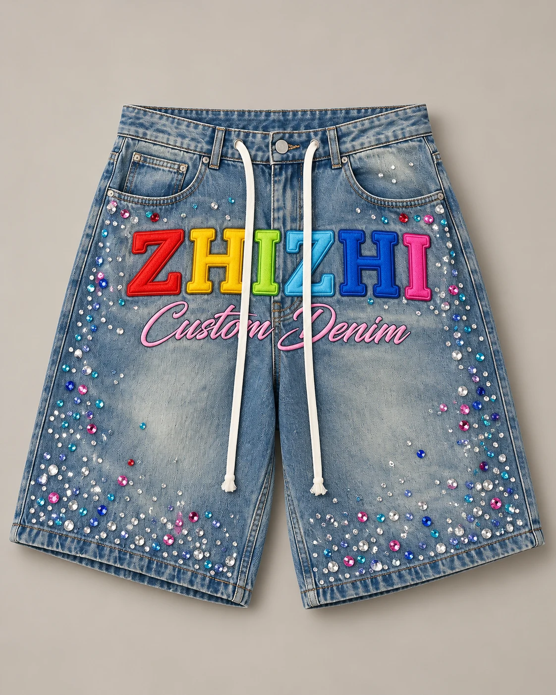Colour Applique Rhinestone Denim Shorts — AI design reference 1
