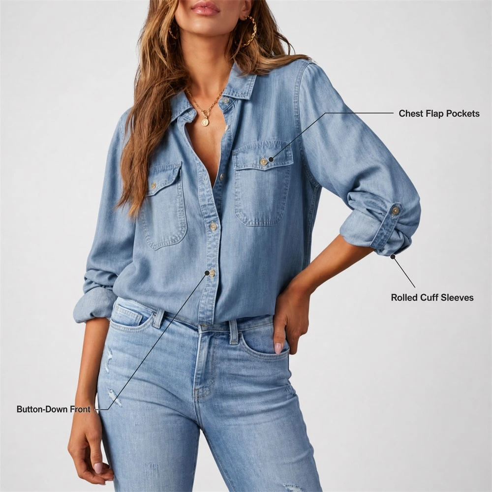 Dusk Blue Button-Front Denim Shirt Jacket — construction details