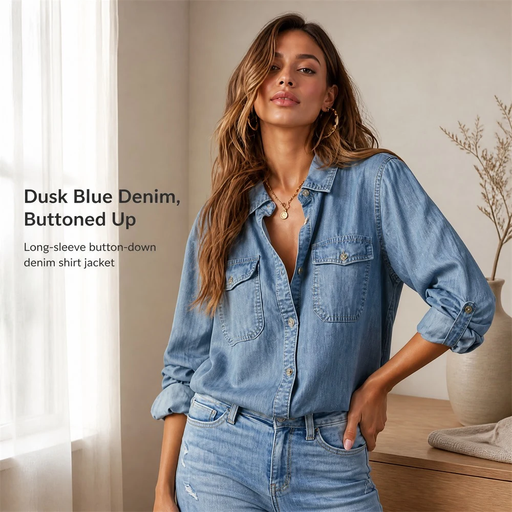Dusk Blue Button-Front Denim Shirt Jacket — styling presentation