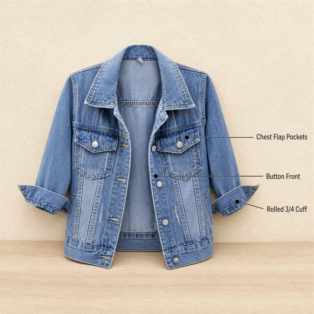 Medium Blue Three-Quarter Sleeve Denim Jacket — construction details