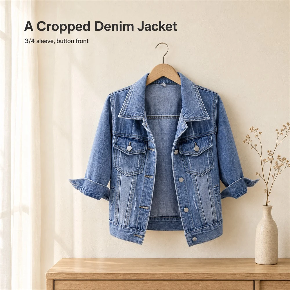 Medium Blue Three-Quarter Sleeve Denim Jacket — styling presentation
