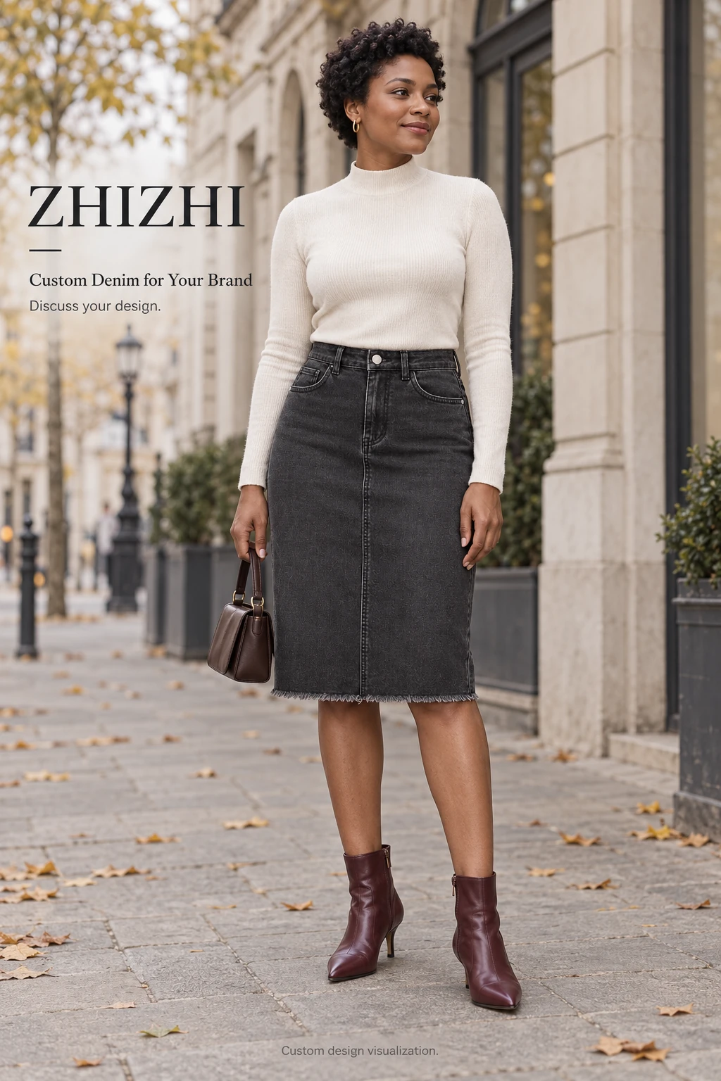 Custom Women's Black Raw-Hem Knee-Length Denim Skirt