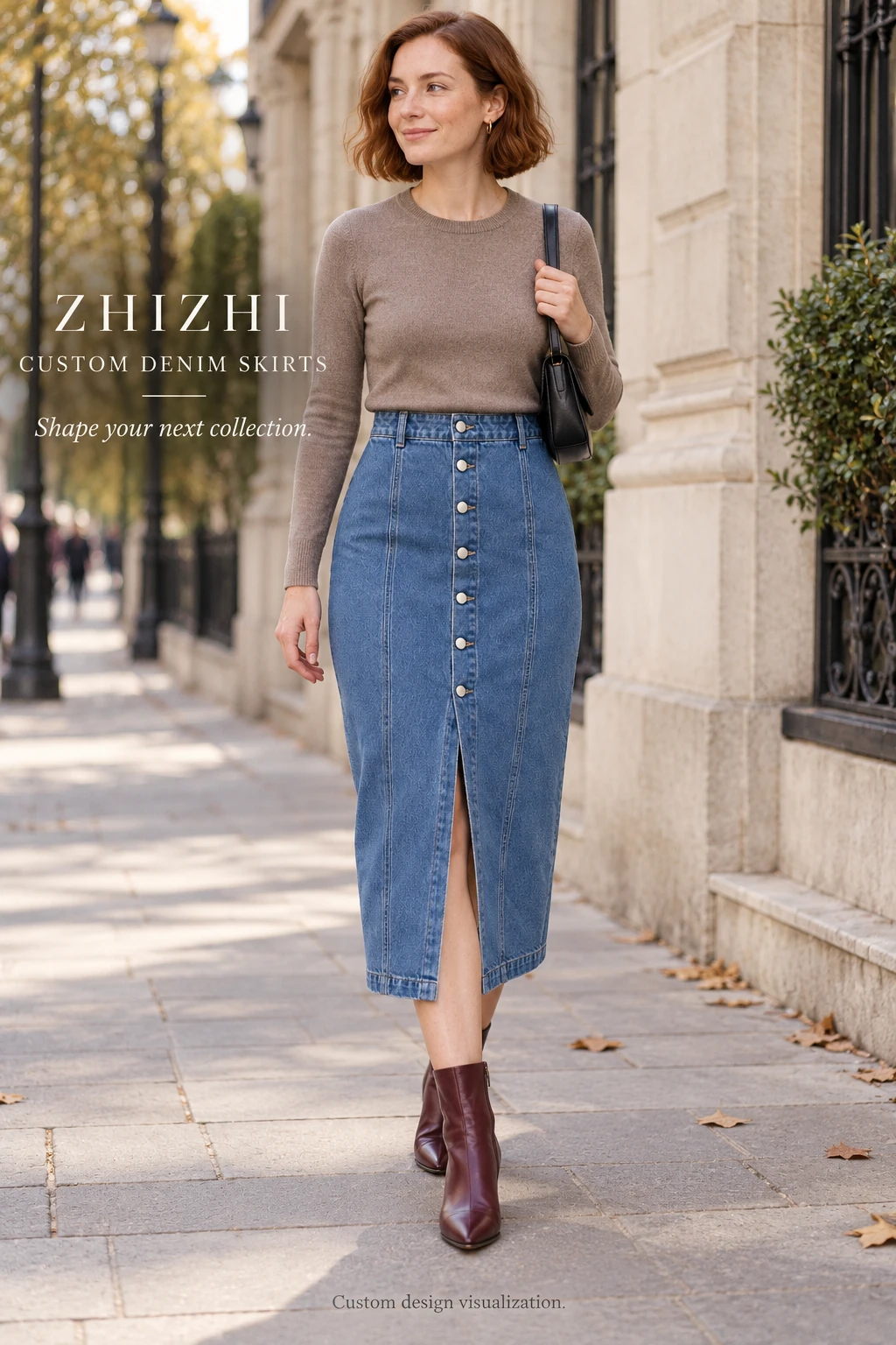 Custom Women's Blue Button-Front Denim Midi Skirt