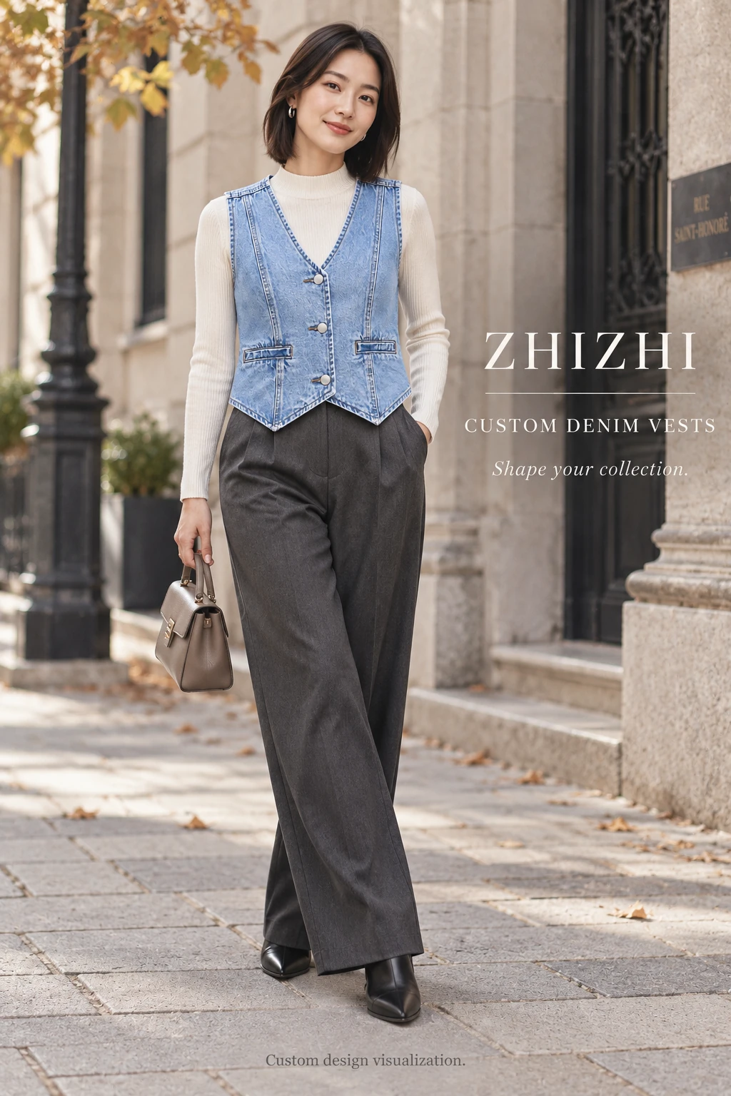 Custom Women's Blue V-Neck Cropped Denim Vest