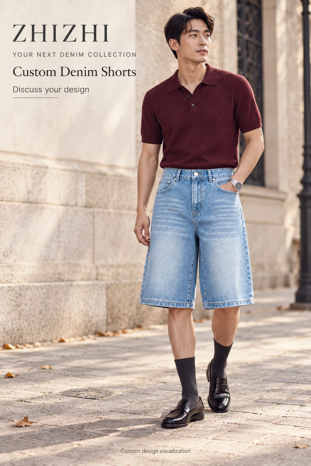 Custom Men's Light Blue Wide-Leg Denim Shorts