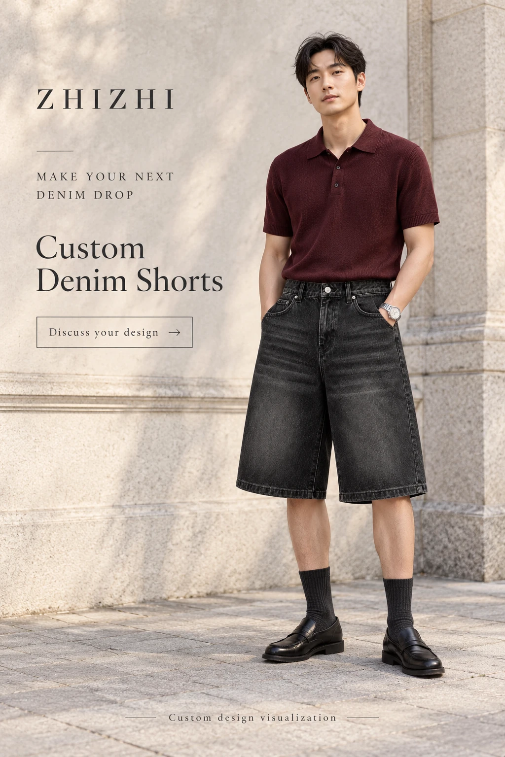 Custom Men's Washed Black Wide-Leg Denim Shorts