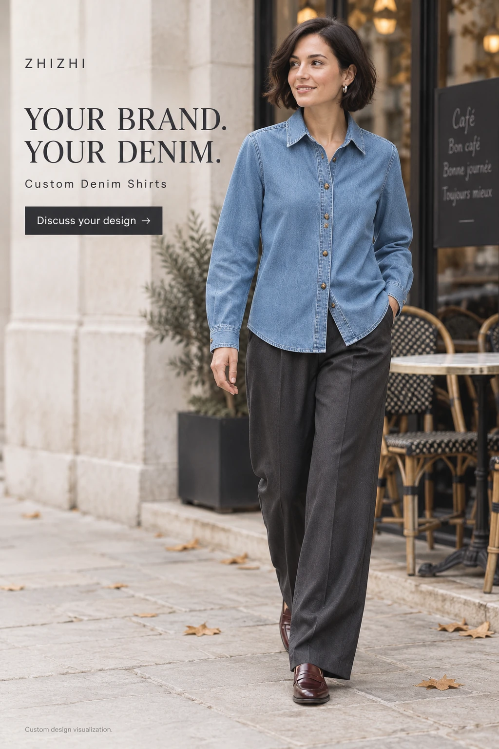 Custom Women's Faded Blue Pocketless Denim Shirt