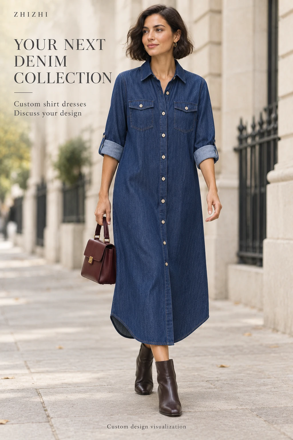 Custom Women's Indigo Shirttail Denim Midi Dress