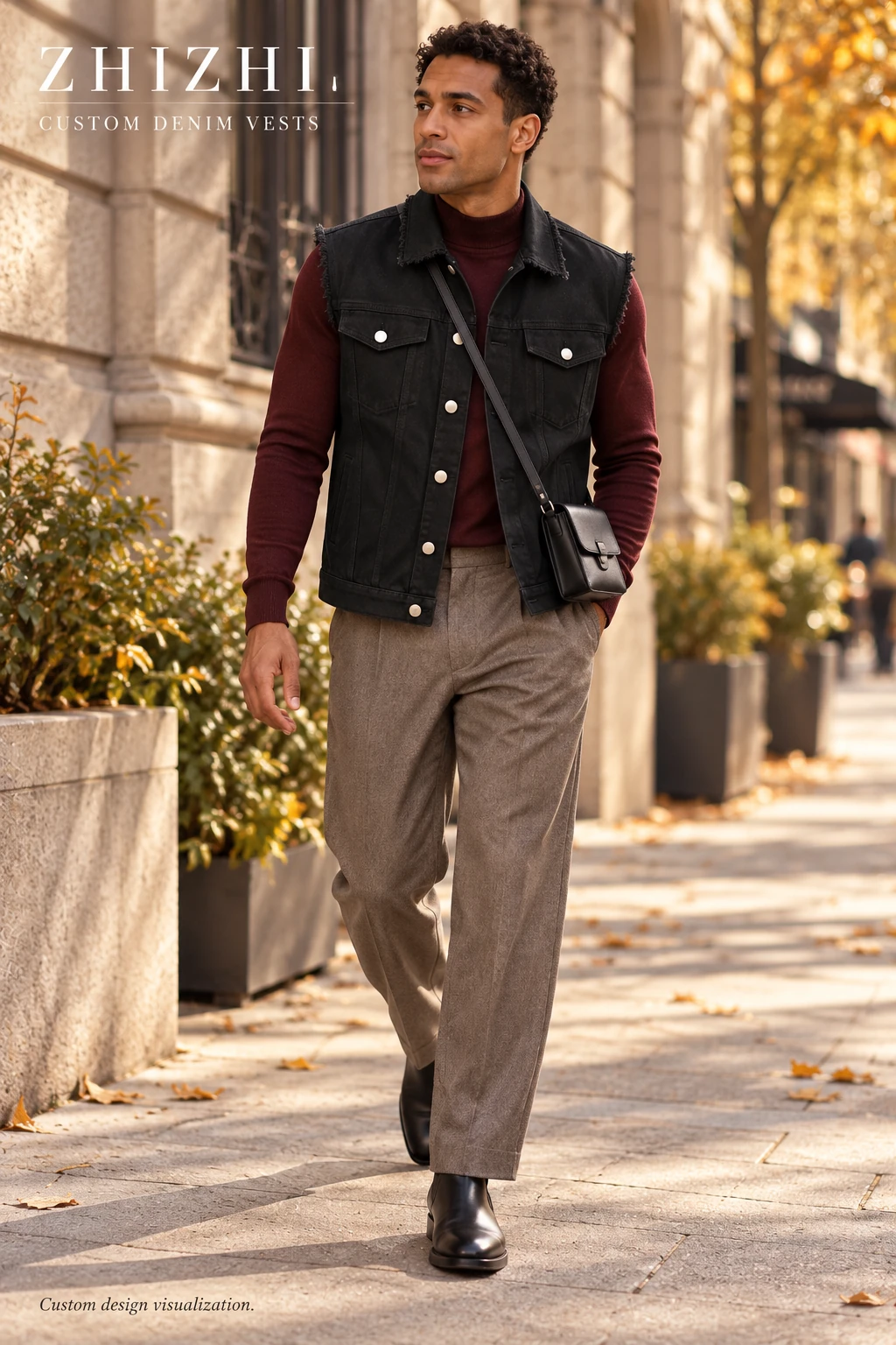 Custom Men's Black Raw-Edge Denim Vest