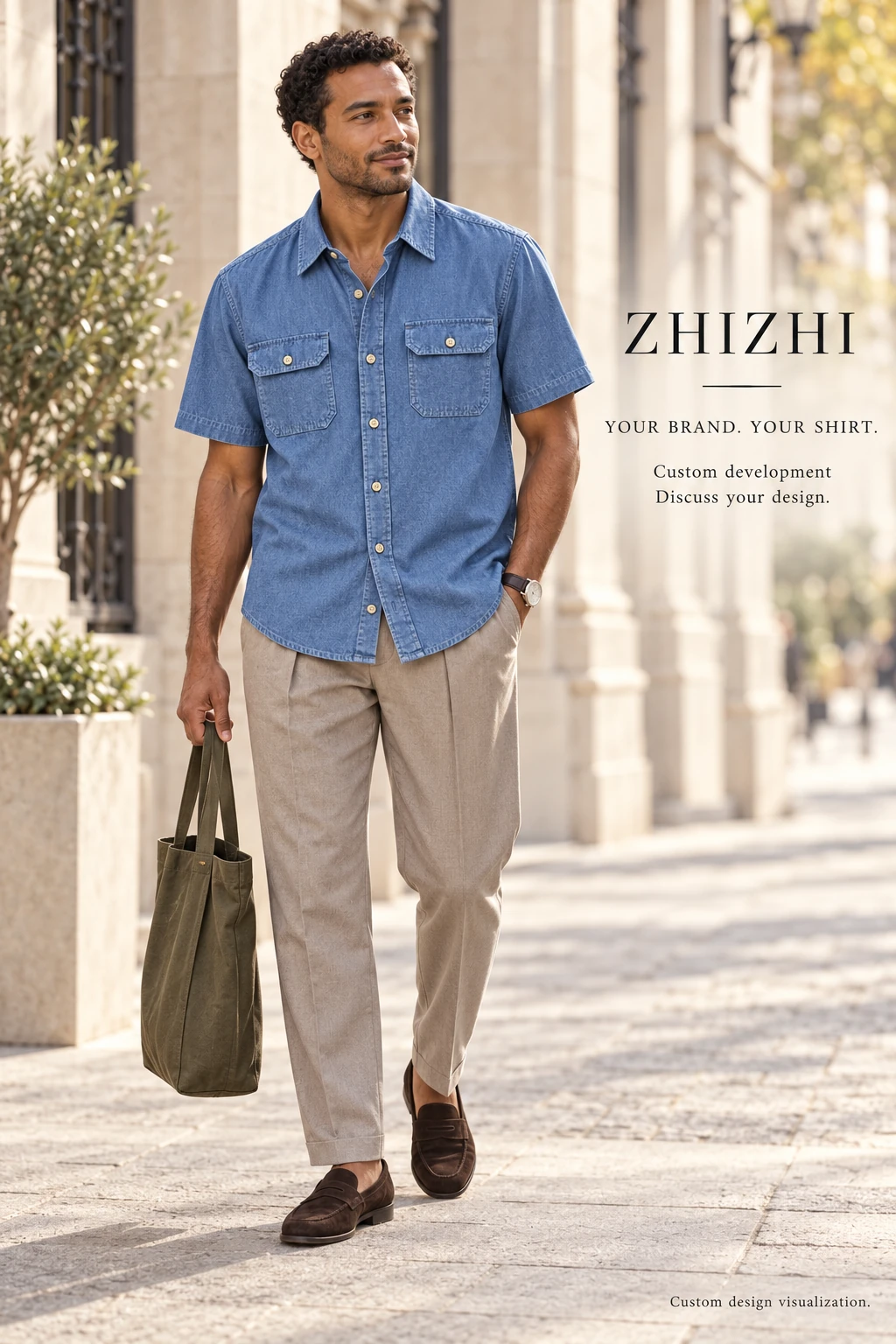 Custom Men's Blue Short Sleeve Double Pocket Shirt