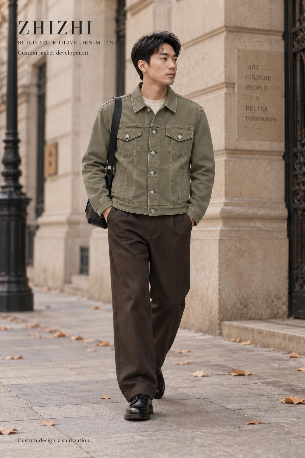 Custom Men's Olive Flap-Pocket Denim Jacket