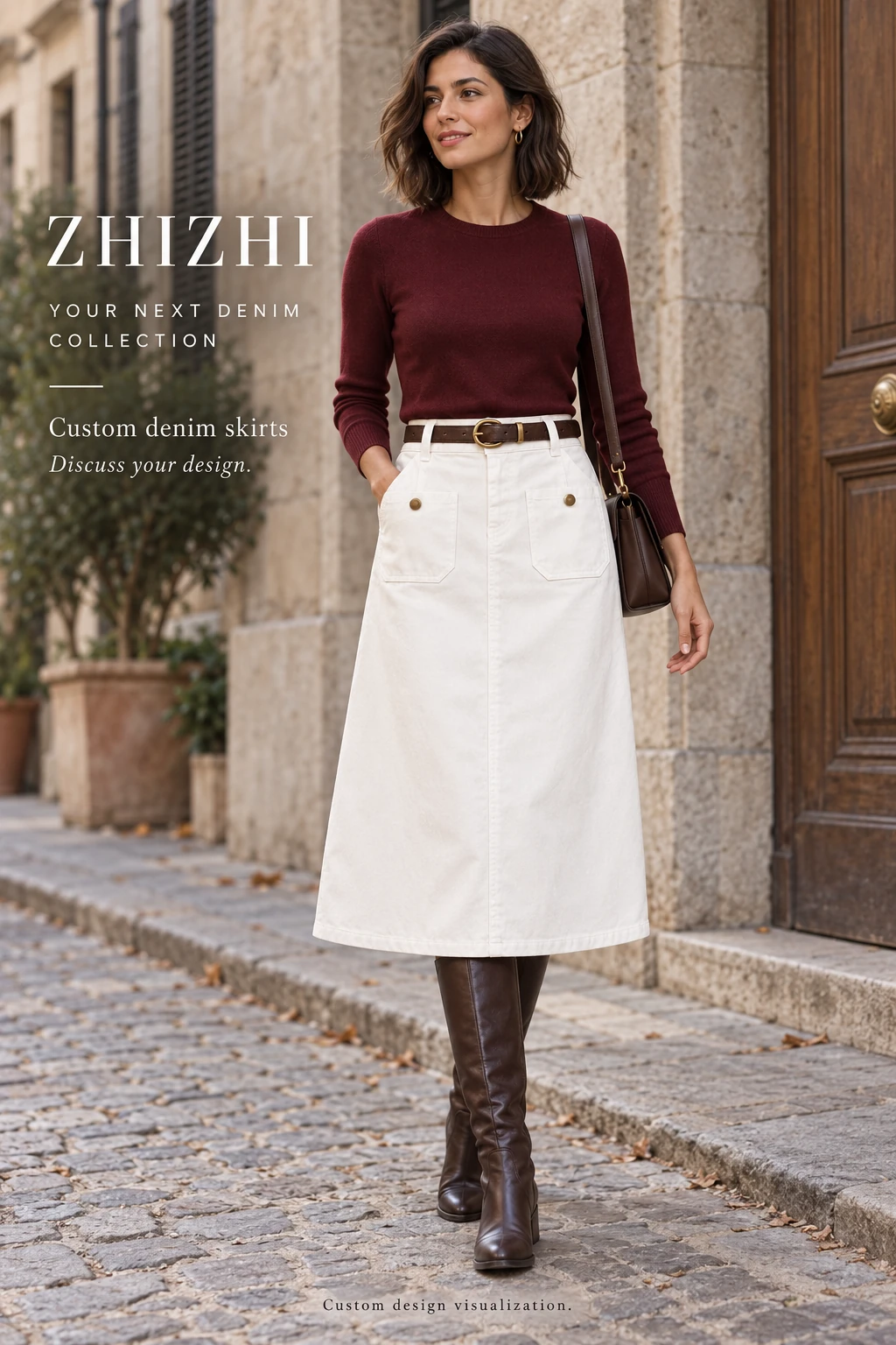 Custom Women’s White Patch-Pocket Denim Midi Skirt