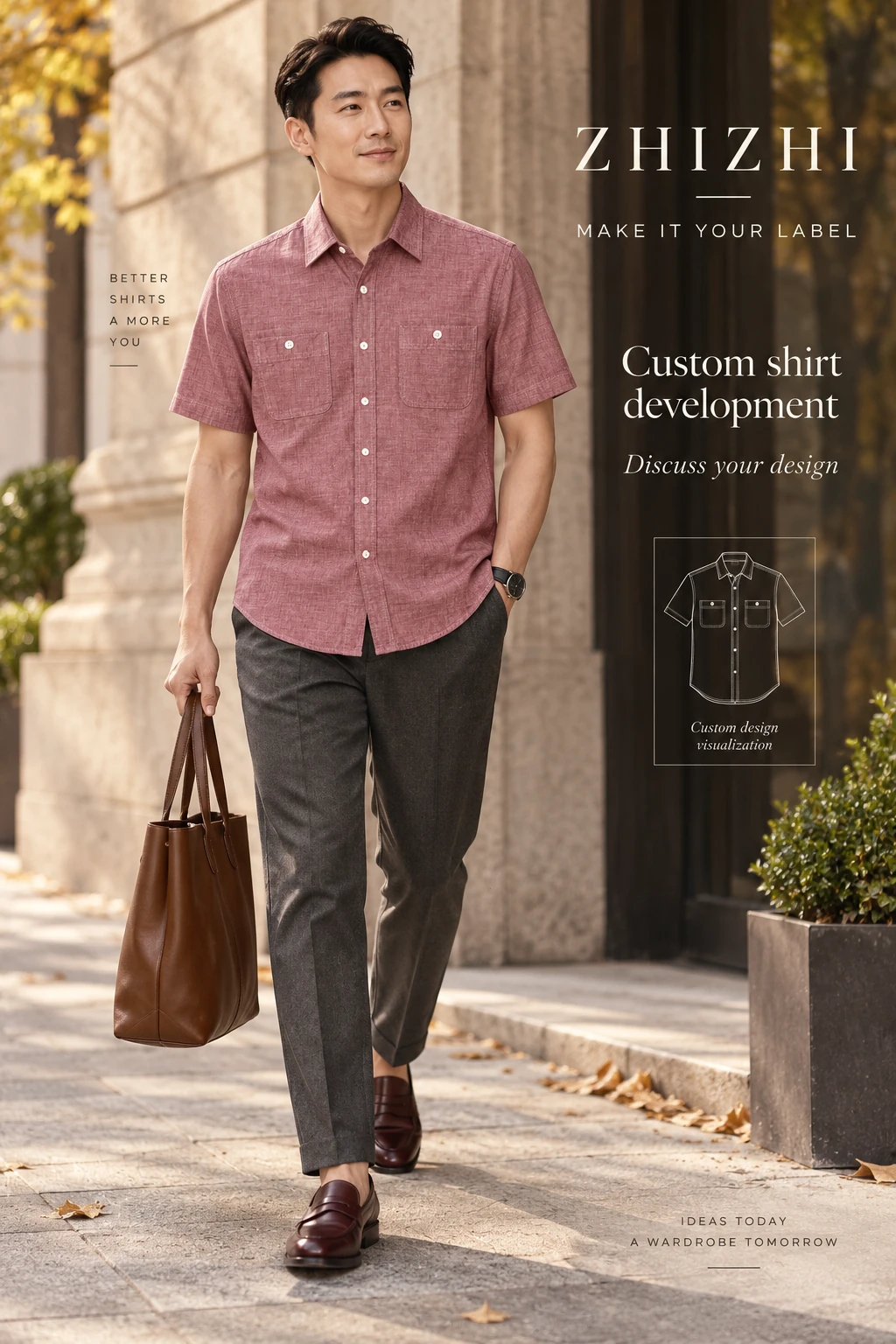 Custom Men's Burgundy Short Sleeve Chambray Button Pocket Shirt