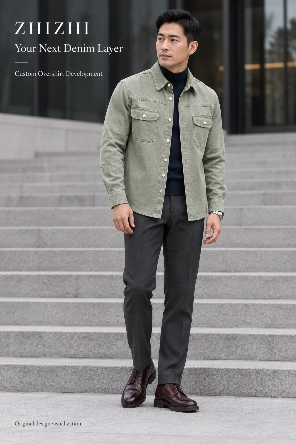 Custom Men’s Light Olive Elbow-Patch Denim Overshirt