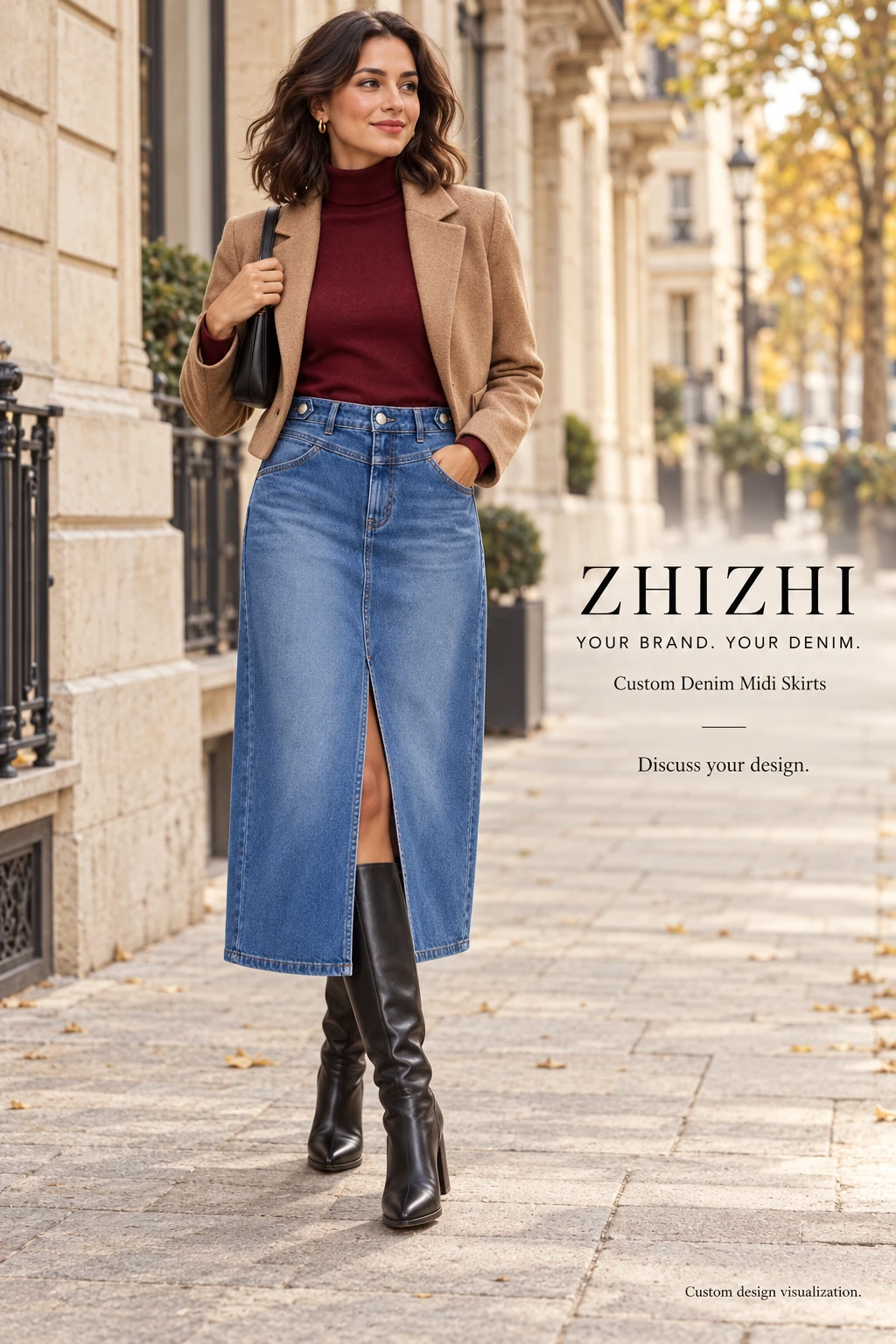 Custom Women's Blue Front Slit Denim Midi Skirt
